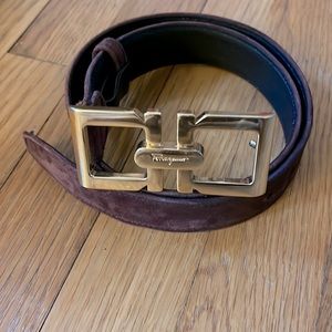 Salvatore Ferragamo Brown Suede gold logo belt